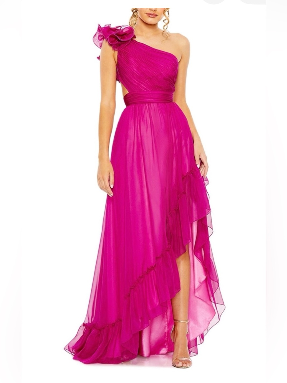 Mac Duggal One-Shoulder Fuchsia Ruffle Gown - Picture 6 of 7